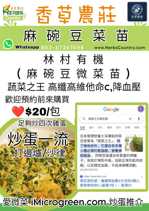 麻碗豆微菜苗  特別推介！Microgreen(Pea) >>>